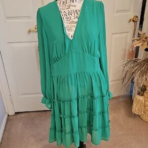 Emma & Michele Teal V-Neck Long Sleeve Tiered Dress